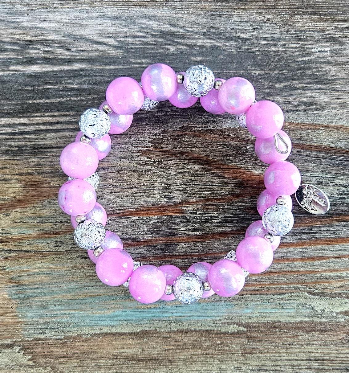 Pink Bracelet Beaded Gemstone Stretch Jade: Handmade Silver Jewelry, Women's Gift
