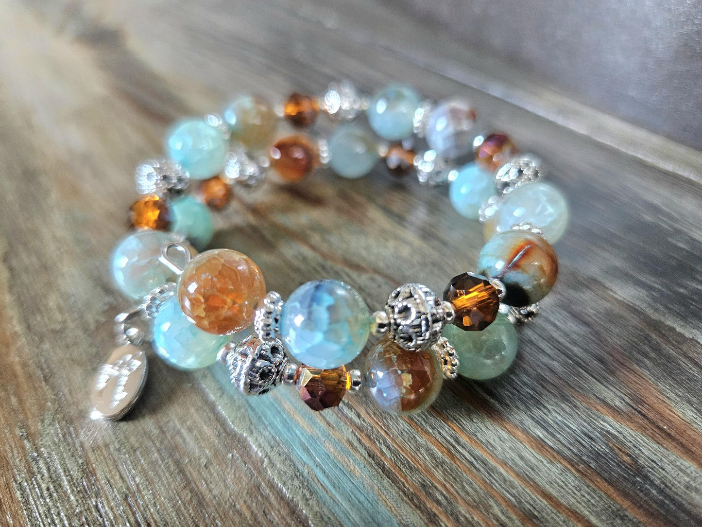 Turquoise Agate Beaded Wrap Bracelet: Southwest Style Silver Cuff