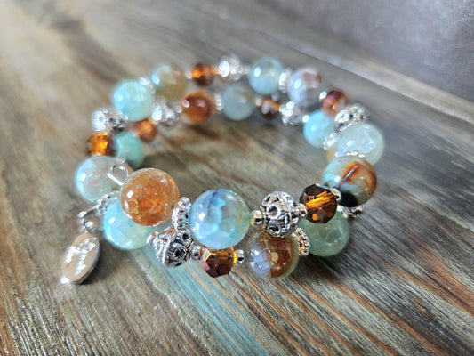 Turquoise Agate Beaded Wrap Bracelet: Southwest Style Silver Cuff