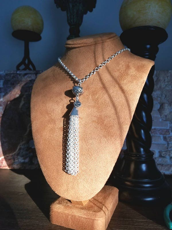 Handmade Long Silver Tassel Necklace: Beaded Filigree Pendant