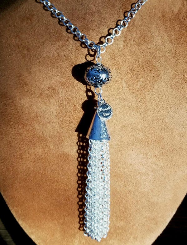 Handmade Long Silver Tassel Necklace: Beaded Filigree Pendant