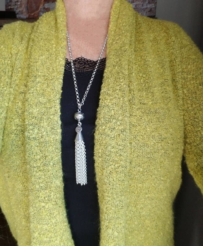 Handmade Long Silver Tassel Necklace: Beaded Filigree Pendant