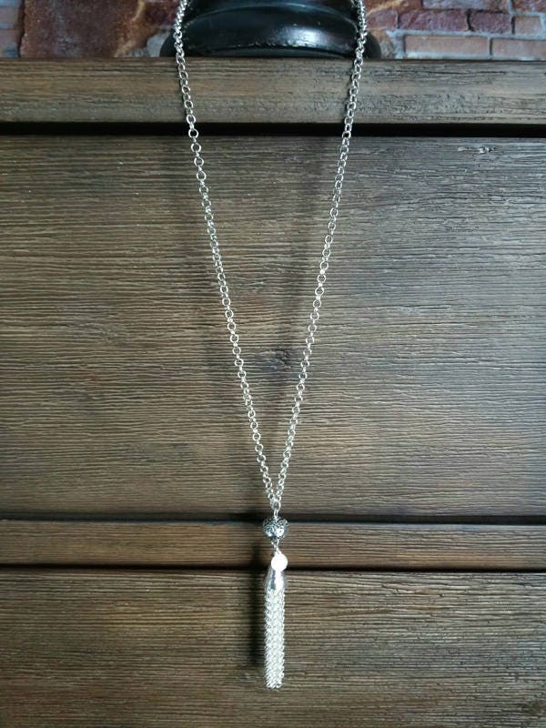 Handmade Long Silver Tassel Necklace: Beaded Filigree Pendant