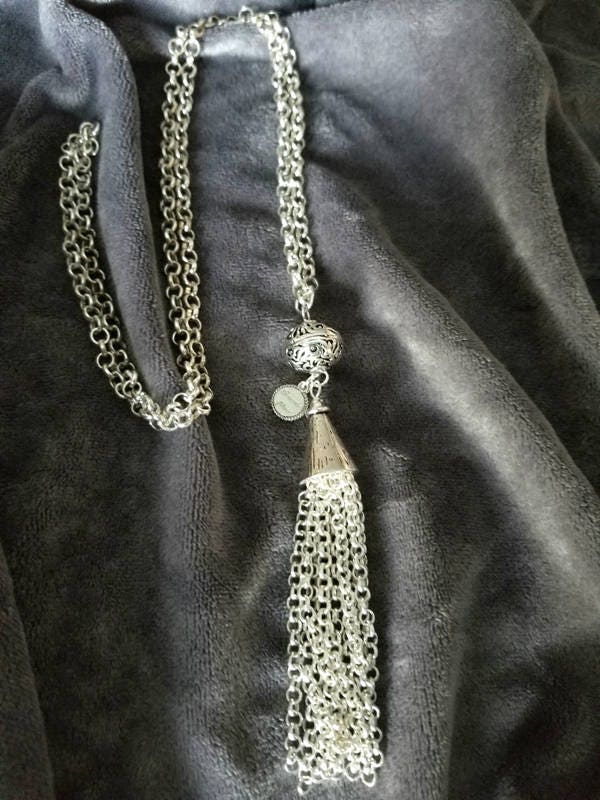 Handmade Long Silver Tassel Necklace: Beaded Filigree Pendant