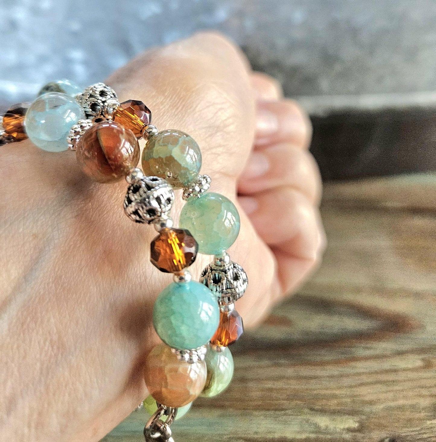 Turquoise Agate Beaded Wrap Bracelet: Southwest Style Silver Cuff