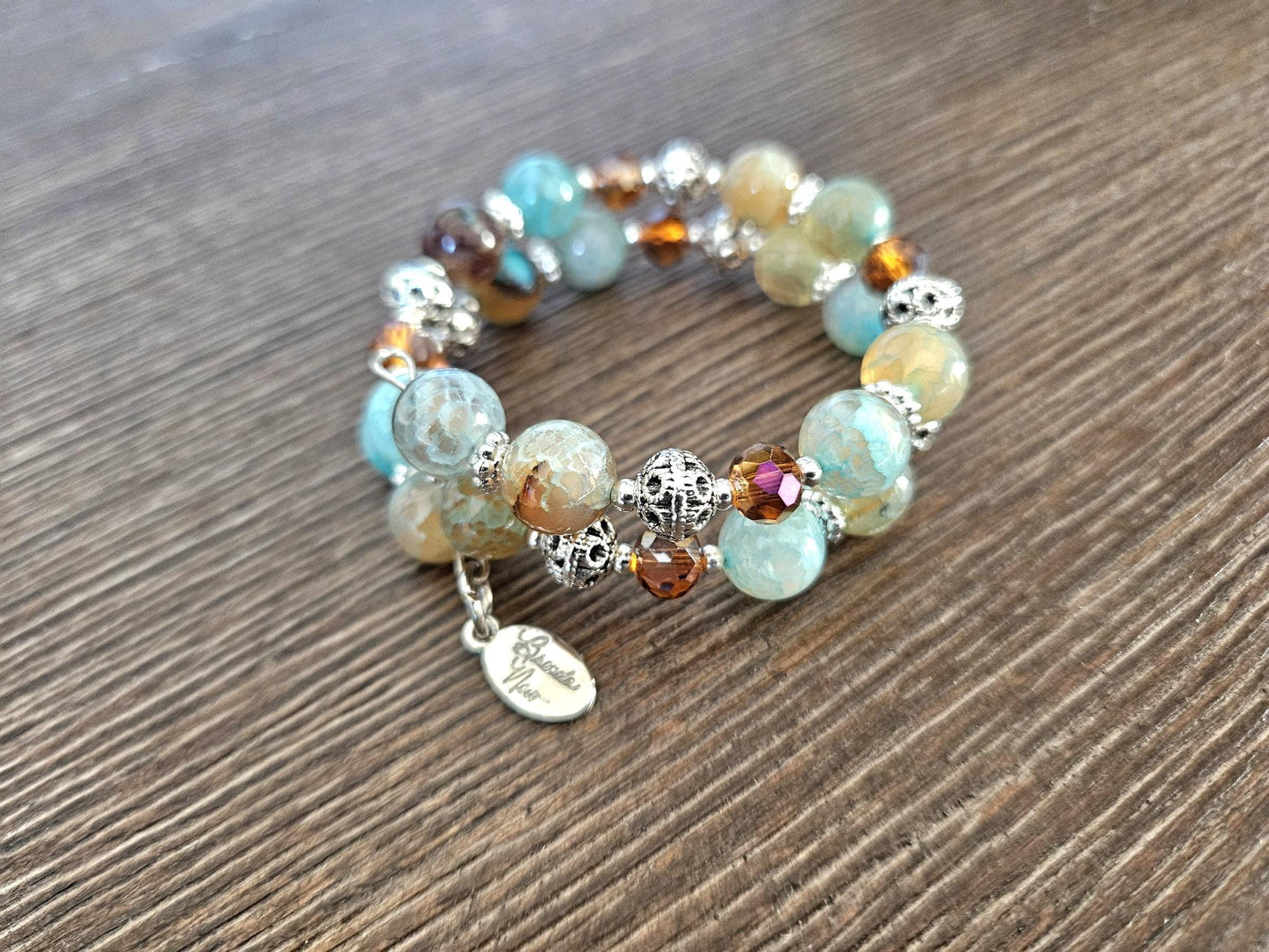 Turquoise Agate Beaded Wrap Bracelet: Southwest Style Silver Cuff