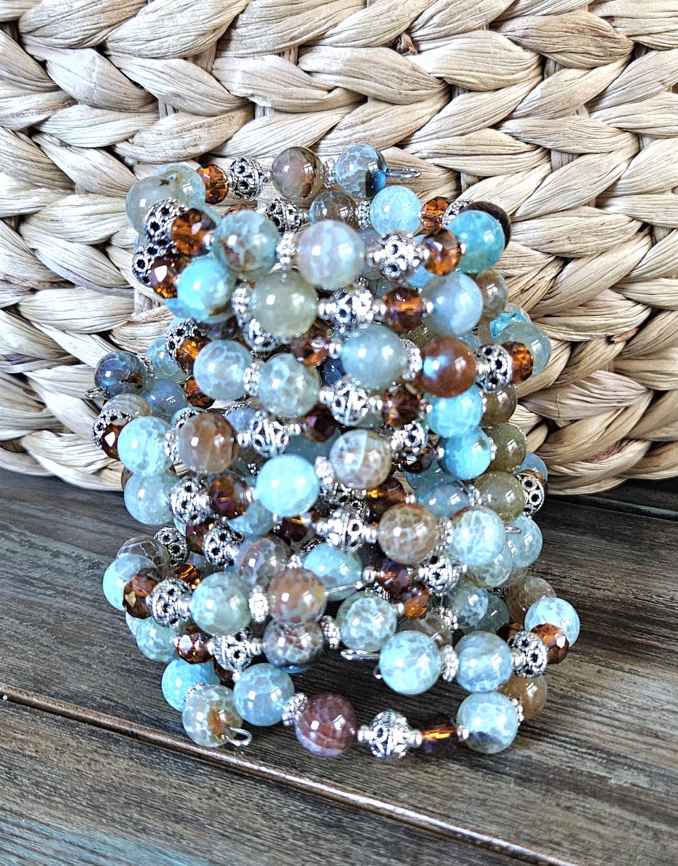 Turquoise Agate Beaded Wrap Bracelet: Southwest Style Silver Cuff