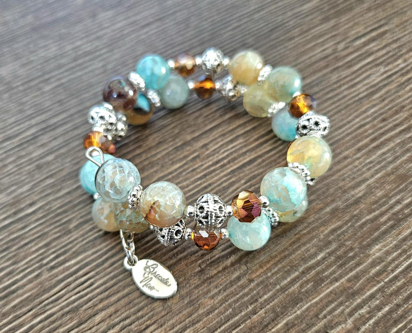 Turquoise Agate Beaded Wrap Bracelet: Southwest Style Silver Cuff