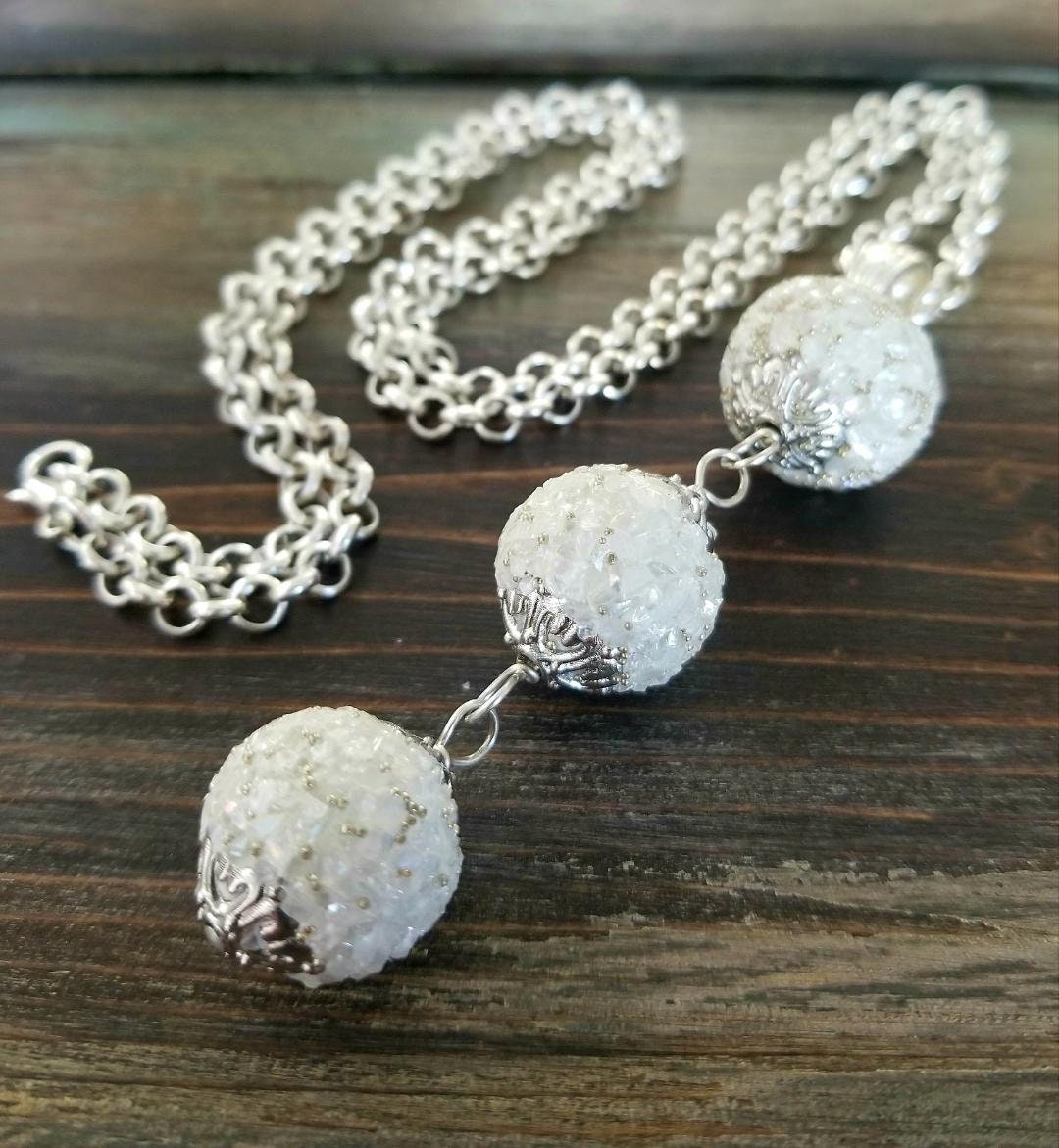 Silver Statement Necklace, Quartz Bead Boho Long Necklace