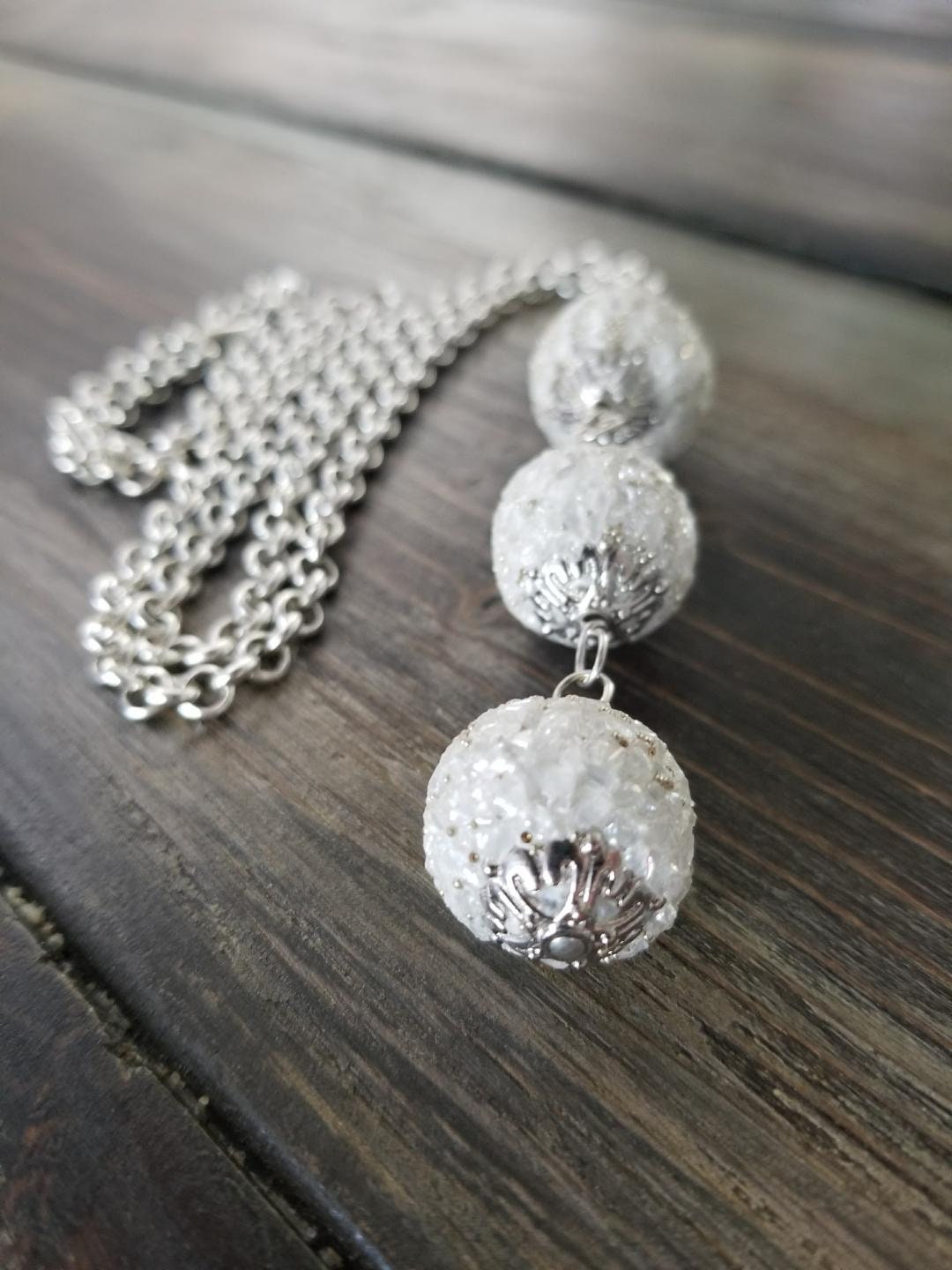 Silver Statement Necklace, Quartz Bead Boho Long Necklace