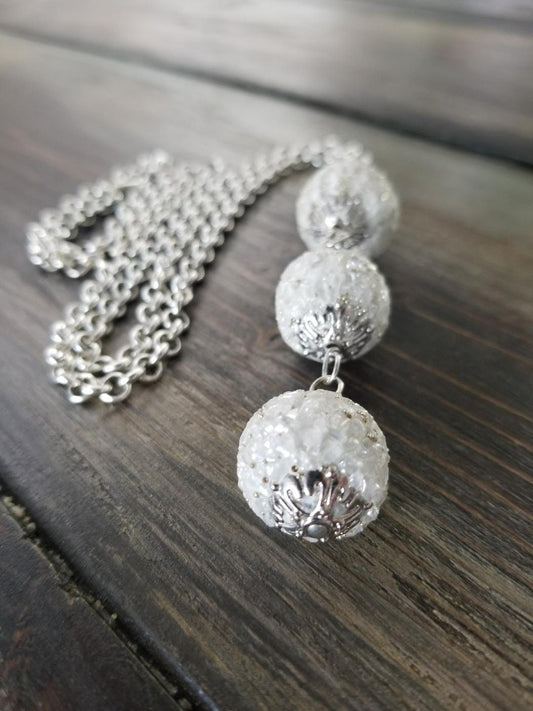 Silver Statement Necklace, Quartz Bead Boho Long Necklace
