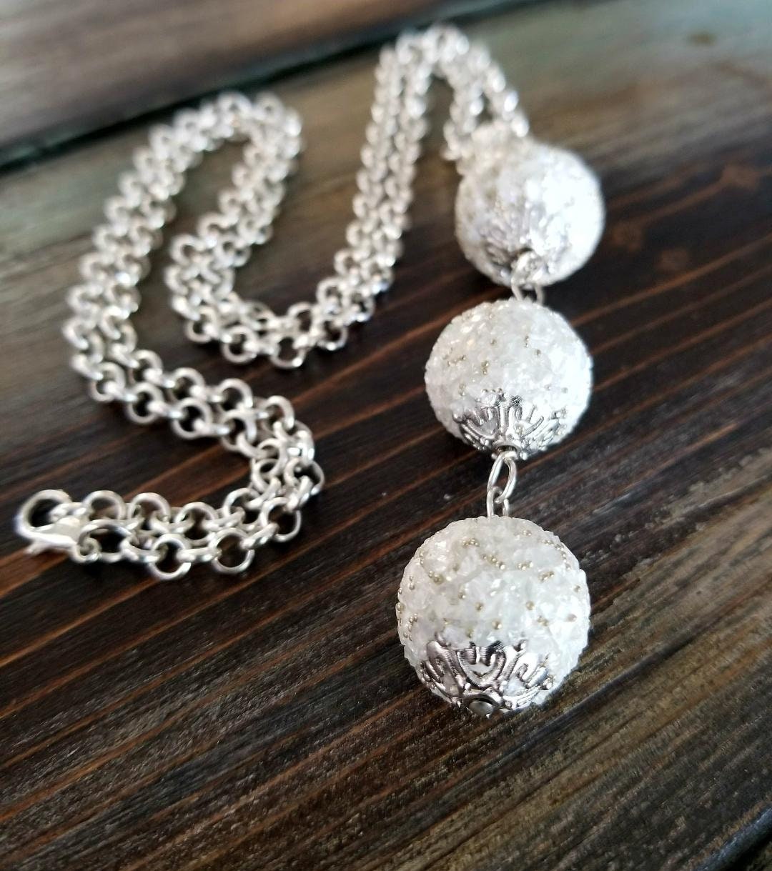 Silver Statement Necklace, Quartz Bead Boho Long Necklace