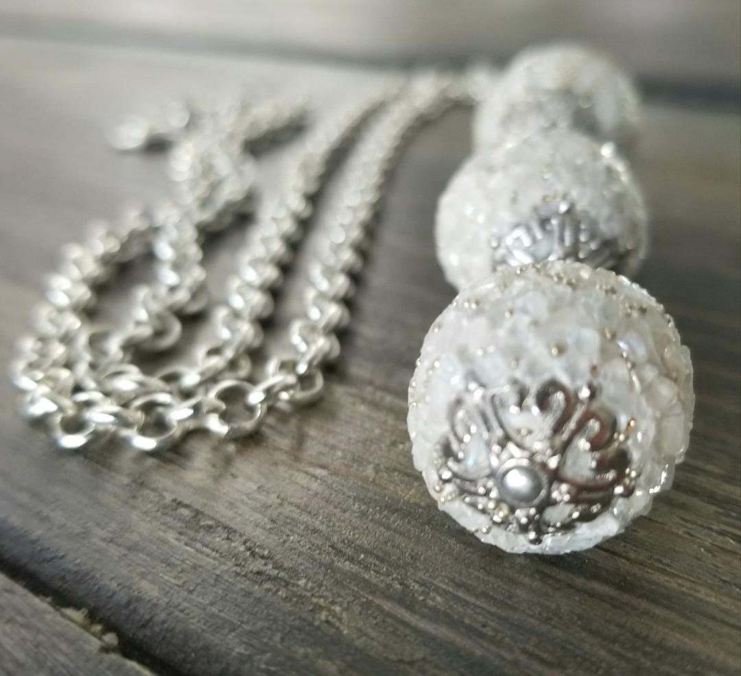 Silver Statement Necklace, Quartz Bead Boho Long Necklace