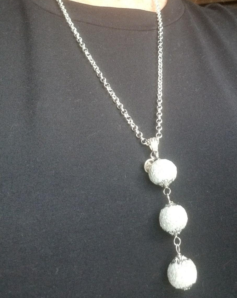 Silver Statement Necklace, Quartz Bead Boho Long Necklace