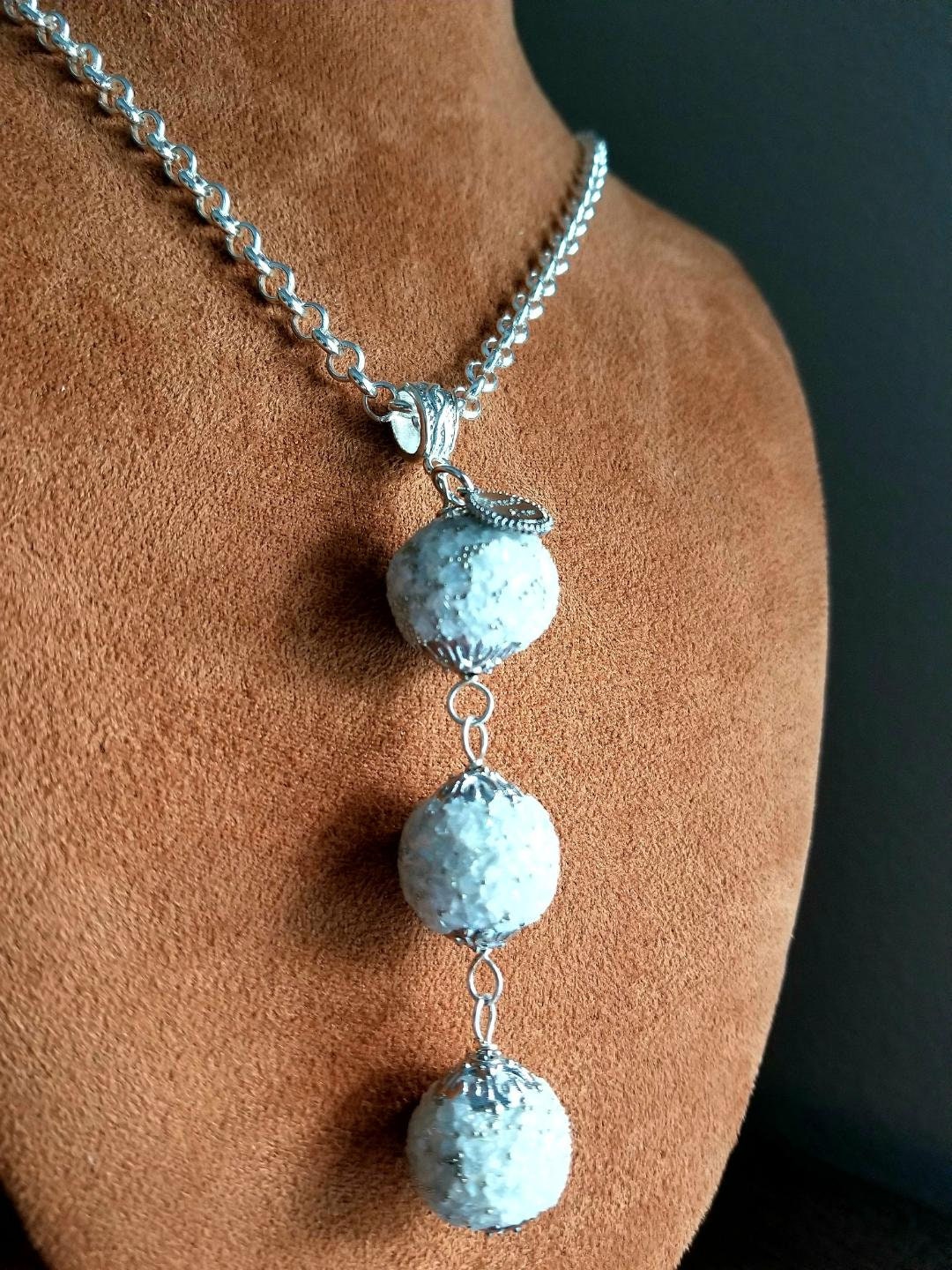 Silver Statement Necklace, Quartz Bead Boho Long Necklace