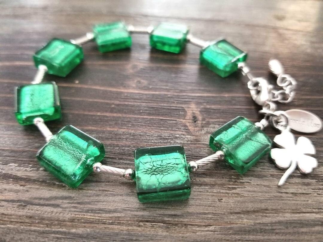 Shamrock Charm Green Bracelet: St. Patrick's Day Jewelry, Murano Glass Jewelry