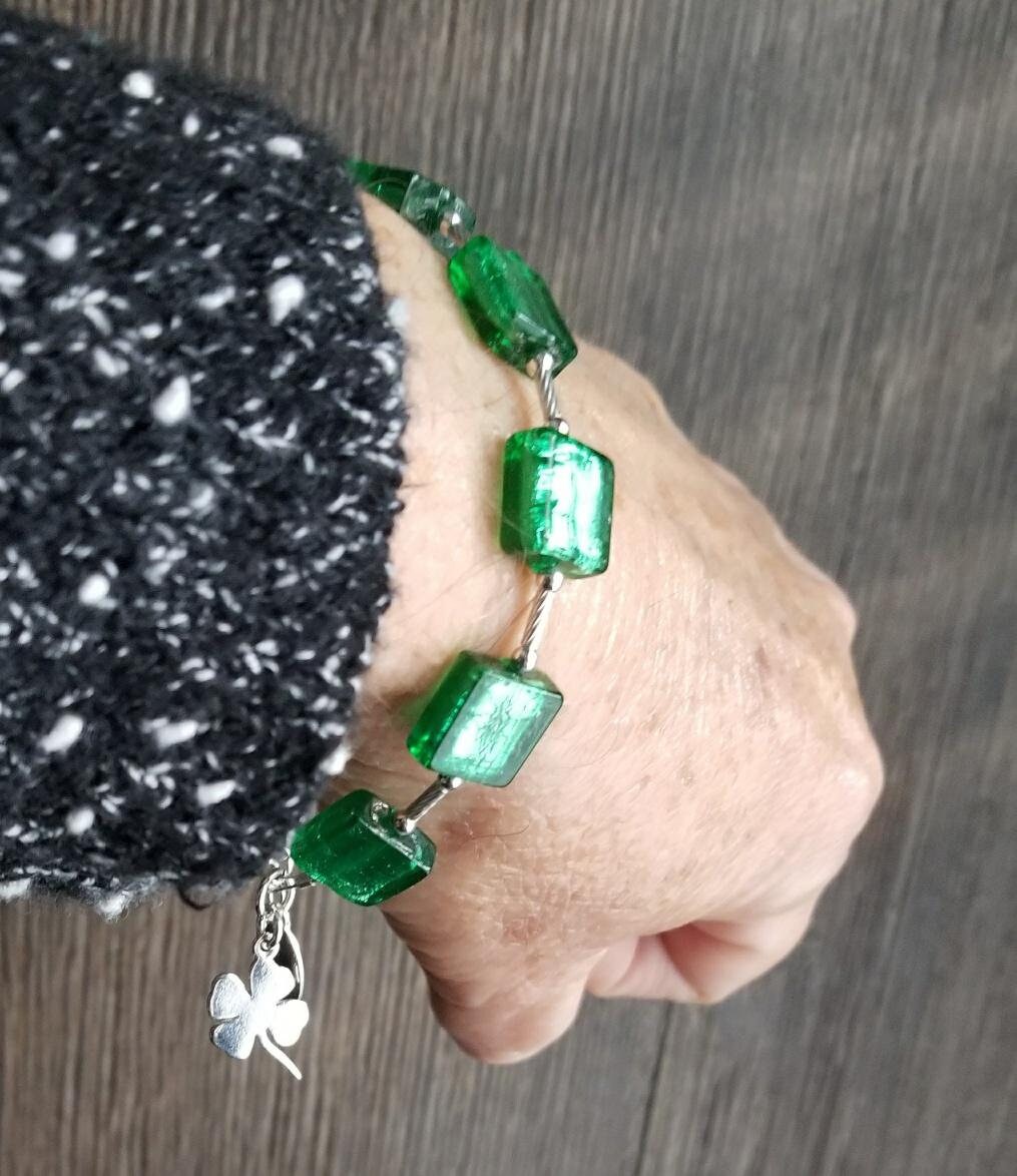 Shamrock Charm Green Bracelet: St. Patrick's Day Jewelry, Murano Glass Jewelry