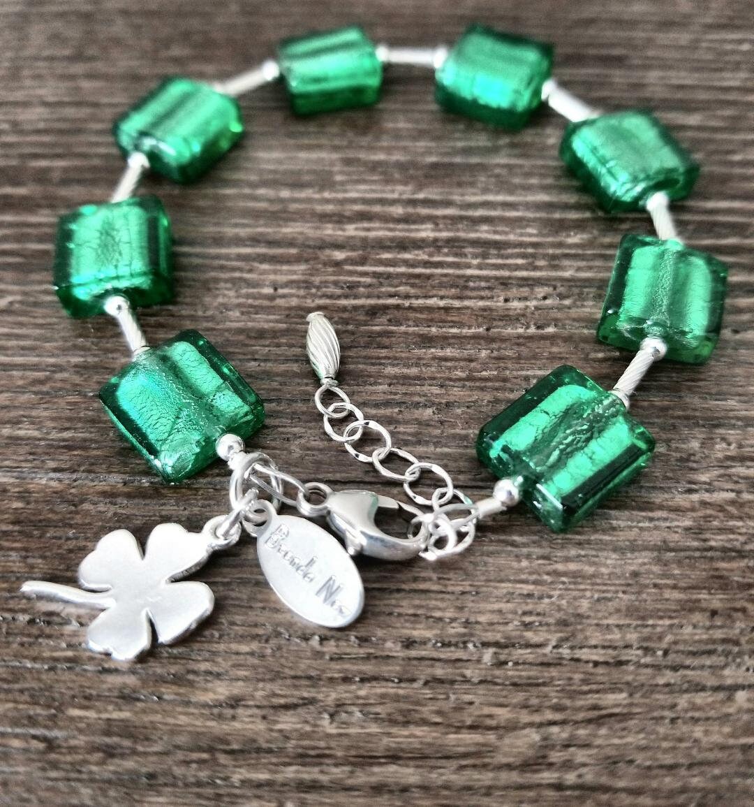 Shamrock Charm Green Bracelet: St. Patrick's Day Jewelry, Murano Glass Jewelry