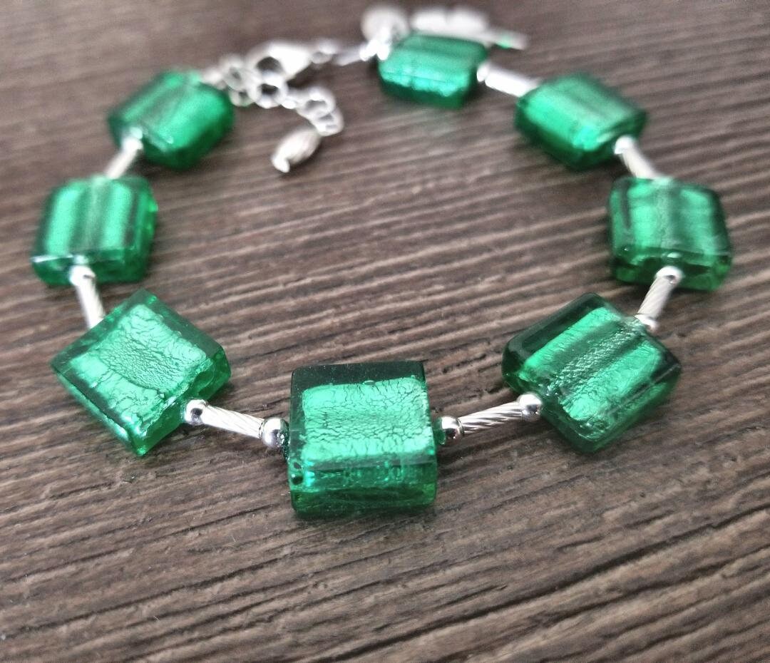 Shamrock Charm Green Bracelet: St. Patrick's Day Jewelry, Murano Glass Jewelry