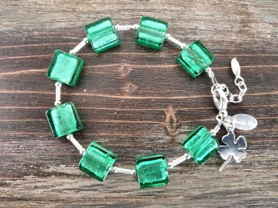 Shamrock Charm Green Bracelet: St. Patrick's Day Jewelry, Murano Glass Jewelry