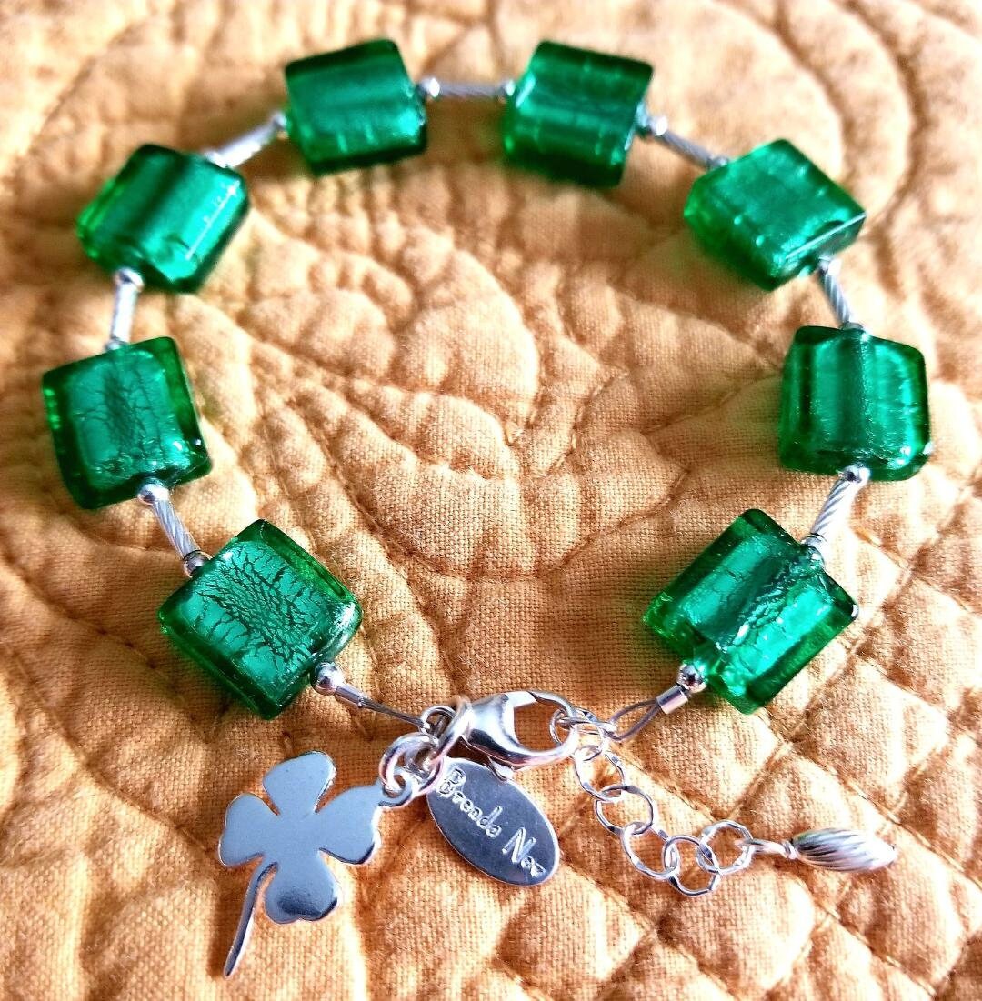 Shamrock Charm Green Bracelet: St. Patrick's Day Jewelry, Murano Glass Jewelry