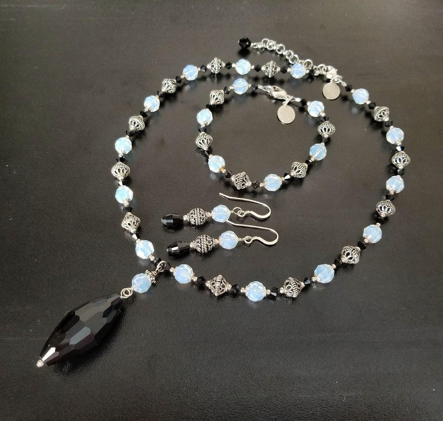 Handmade Opal Swarovski Crystal Jewelry Set, Bali Silver