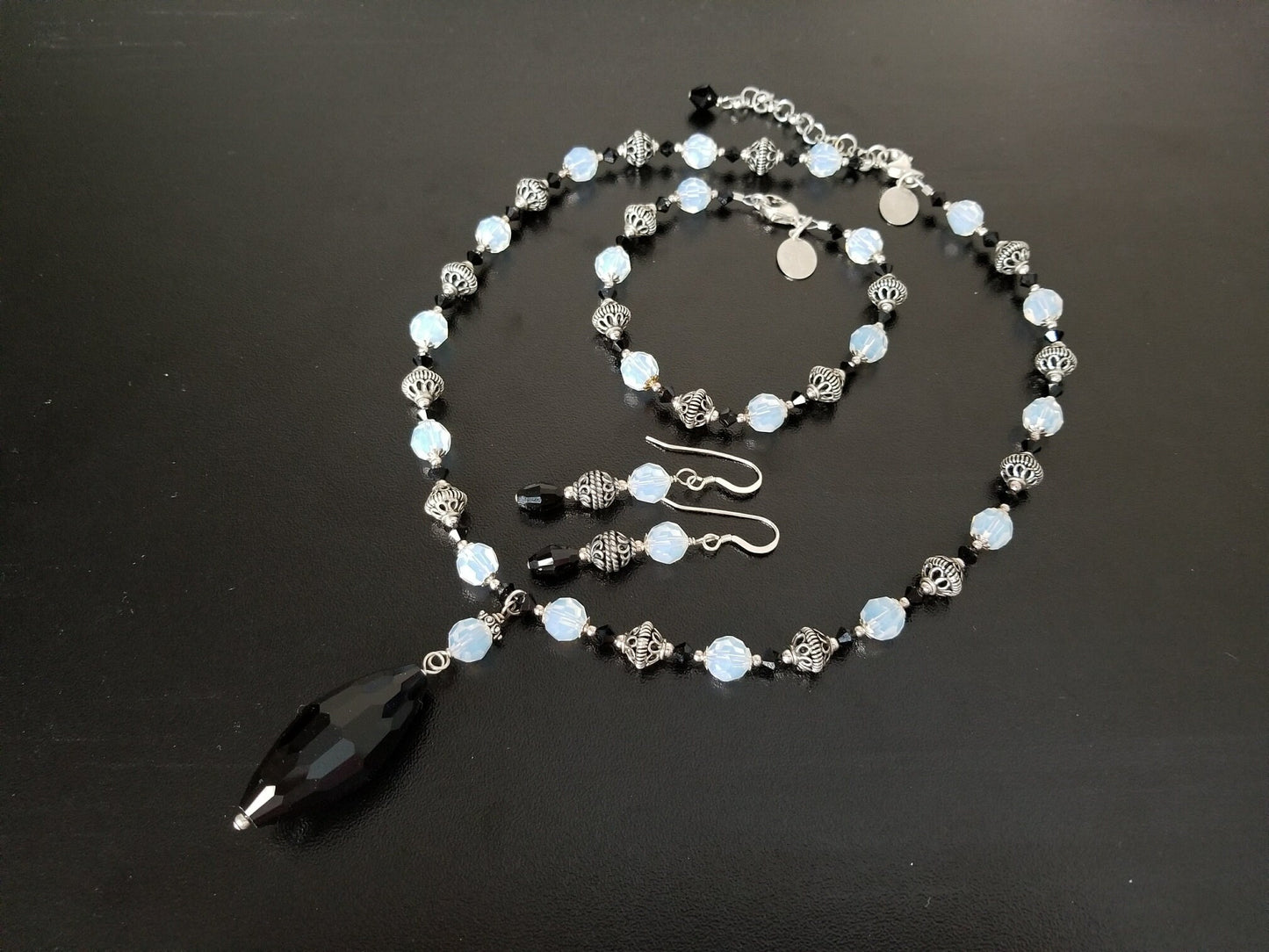 Handmade Opal Swarovski Crystal Jewelry Set, Bali Silver