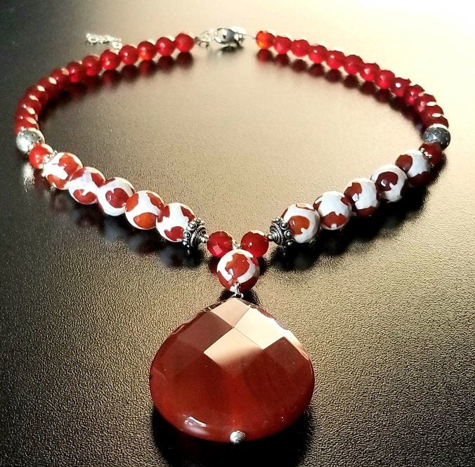 Carnelian Gemstone Statement Beaded Pendant Necklace: Handmade Gemstone Jewelry