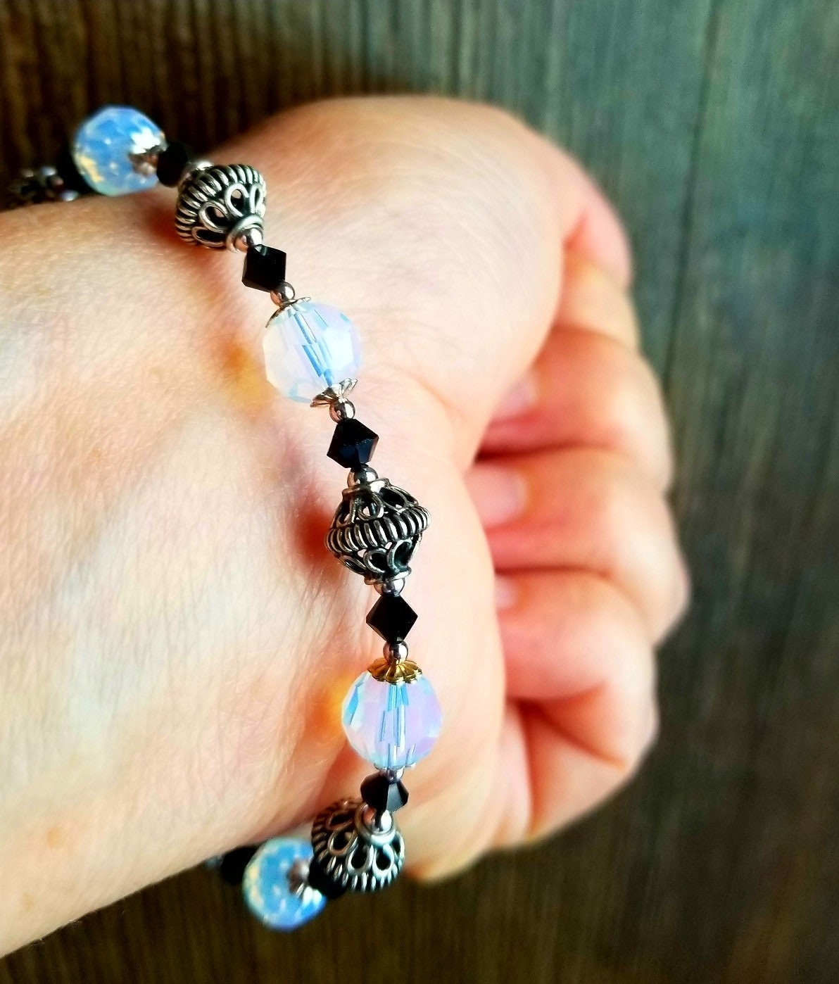 Handmade Opal Swarovski Crystal Jewelry Set, Bali Silver