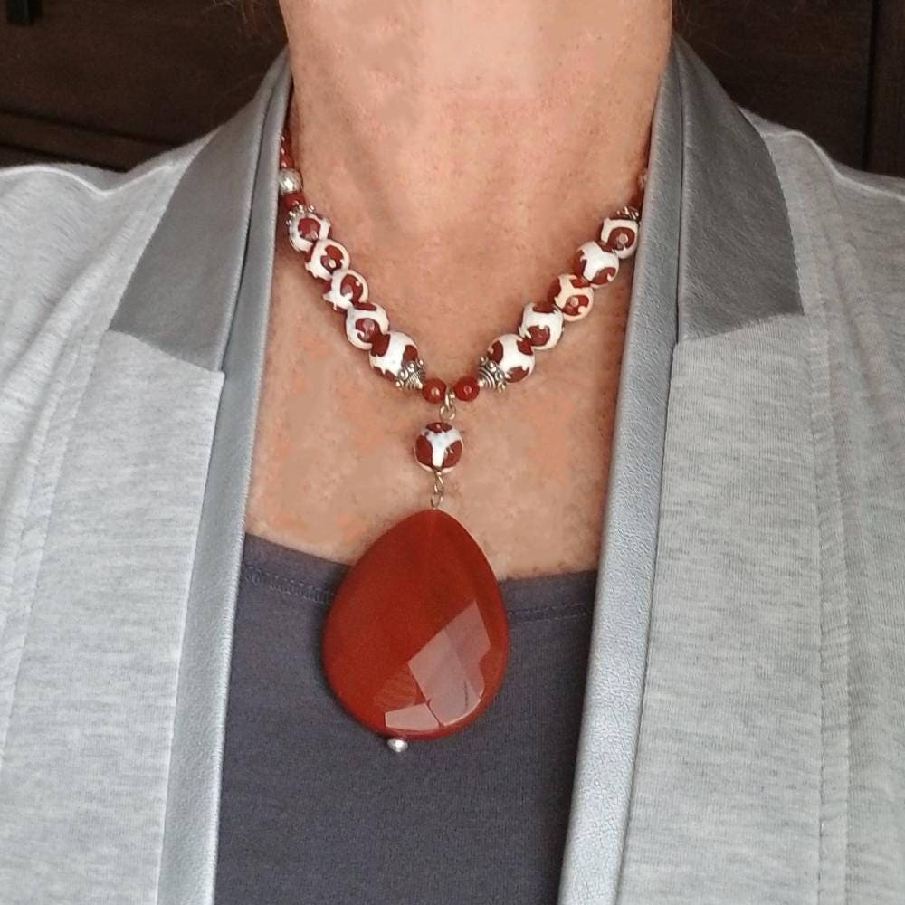Carnelian Gemstone Statement Beaded Pendant Necklace: Handmade Gemstone Jewelry