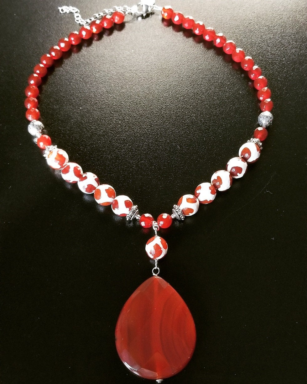 Carnelian Gemstone Statement Beaded Pendant Necklace: Handmade Gemstone Jewelry