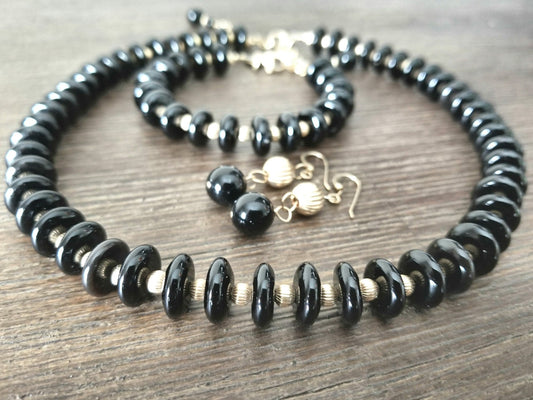 Black Onyx & 14K Gold Jewelry Set: Beaded Necklace, Bracelet, Earrings
