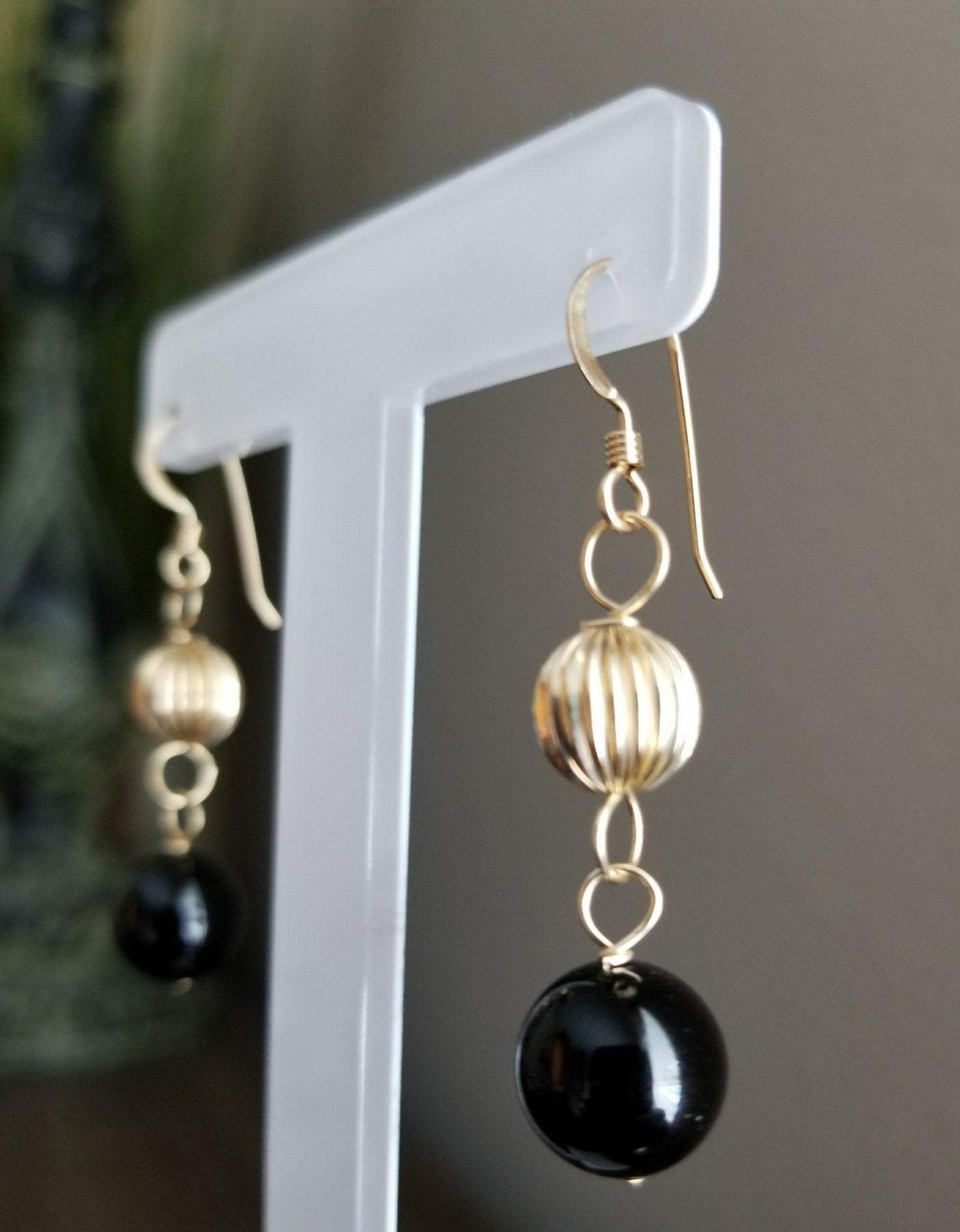 Black Onyx & 14K Gold Jewelry Set: Beaded Necklace, Bracelet, Earrings