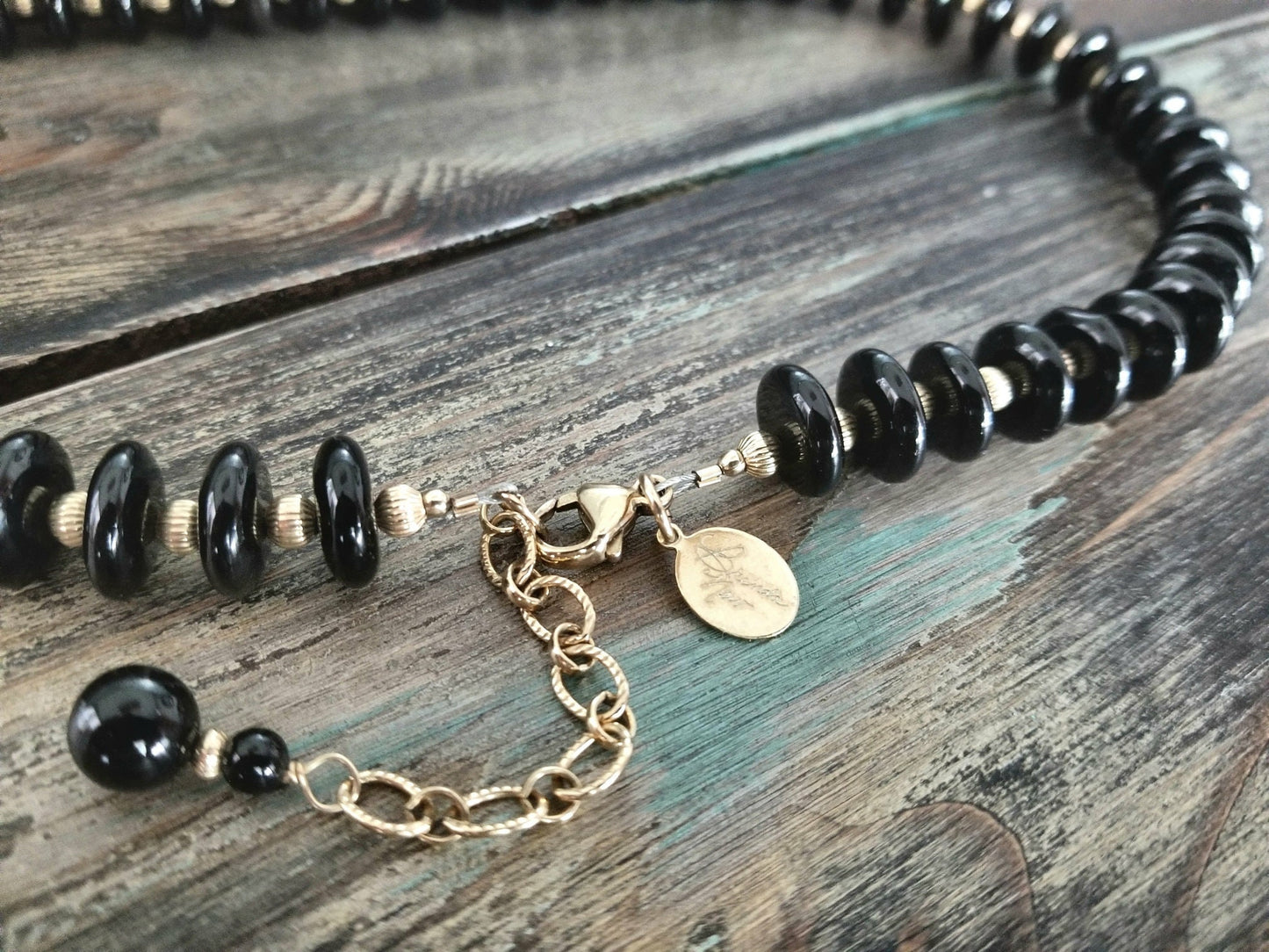Black Onyx & 14K Gold Jewelry Set: Beaded Necklace, Bracelet, Earrings