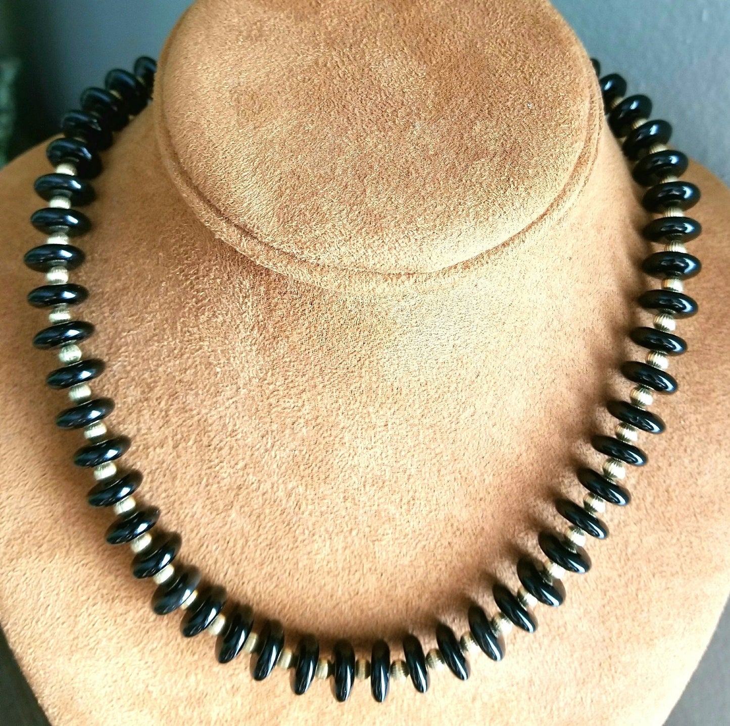 Black Onyx & 14K Gold Jewelry Set: Beaded Necklace, Bracelet, Earrings