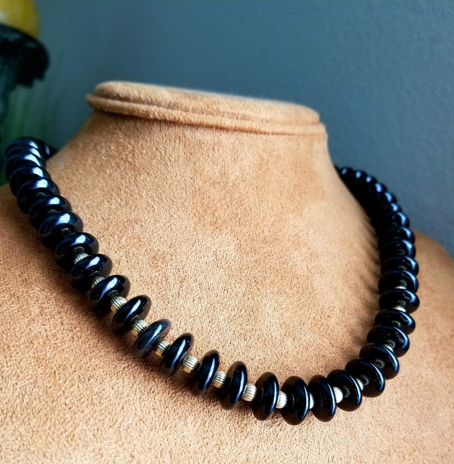 Black Onyx & 14K Gold Jewelry Set: Beaded Necklace, Bracelet, Earrings
