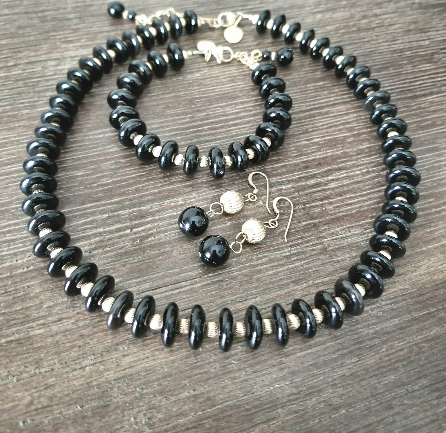 Black Onyx & 14K Gold Jewelry Set: Beaded Necklace, Bracelet, Earrings