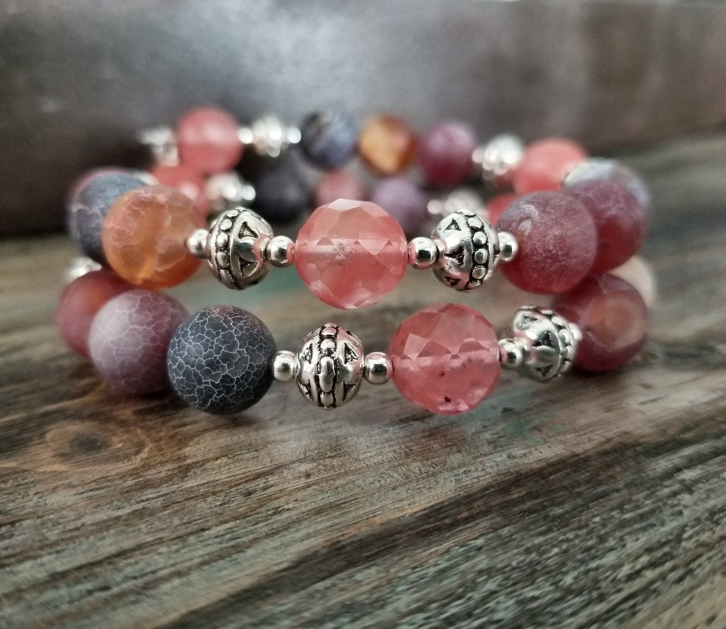Pink Cherry Quartz Beaded Bracelet: Agate & Silver Bangle