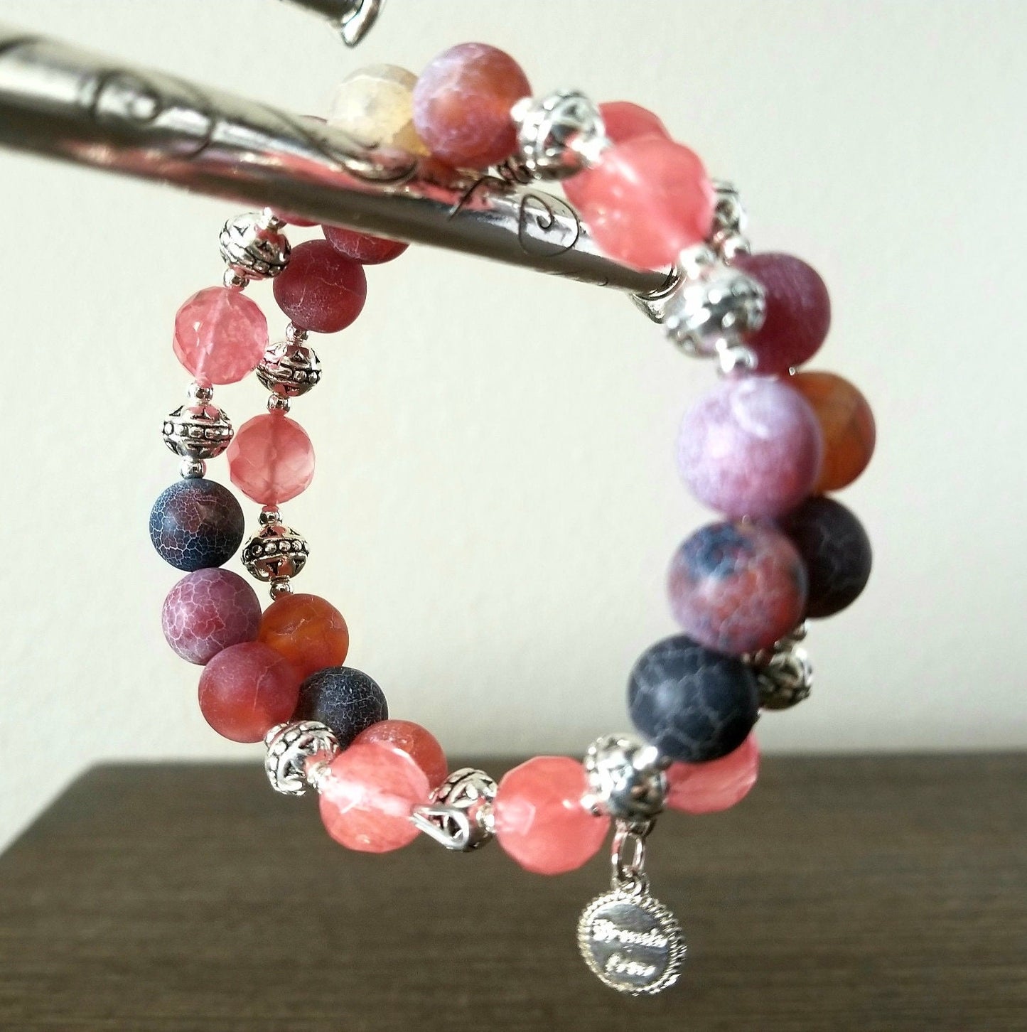 Pink Cherry Quartz Beaded Bracelet: Agate & Silver Bangle