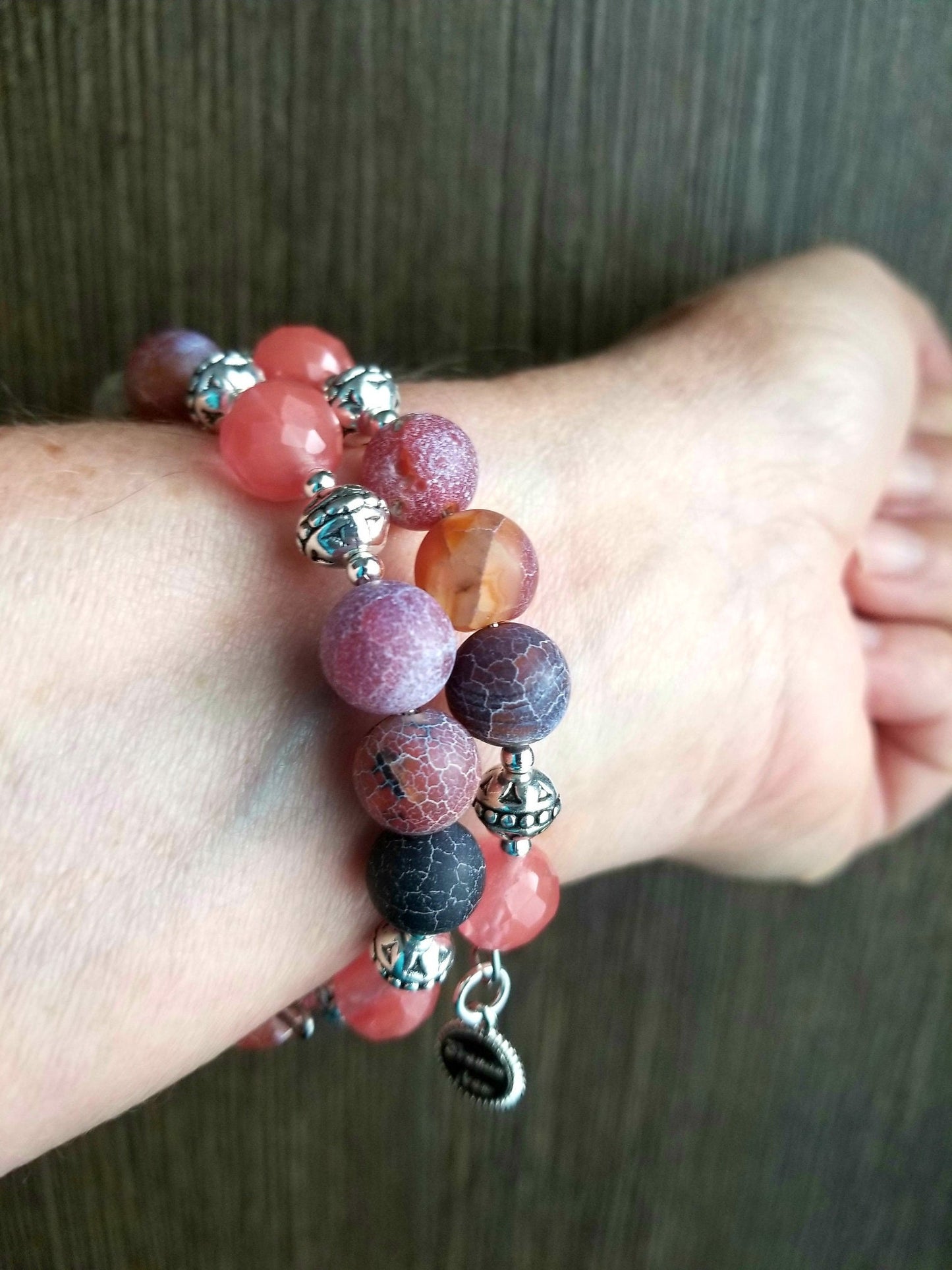Pink Cherry Quartz Beaded Bracelet: Agate & Silver Bangle