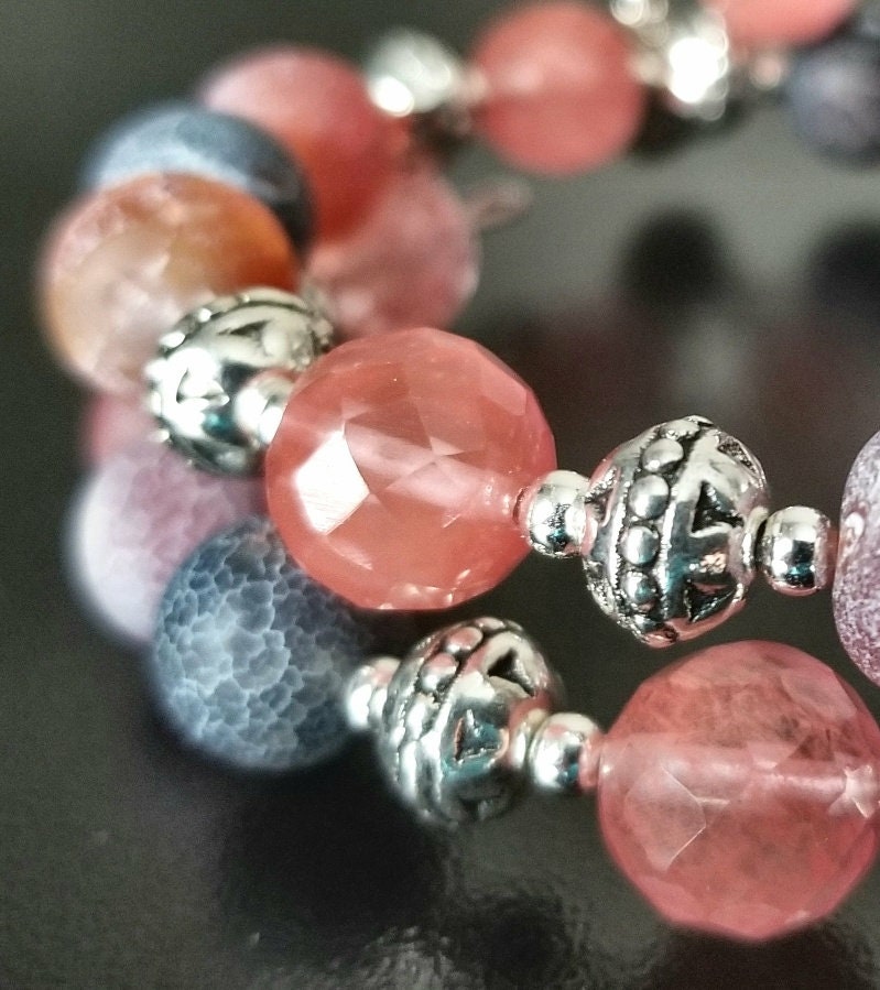 Pink Cherry Quartz Beaded Bracelet: Agate & Silver Bangle