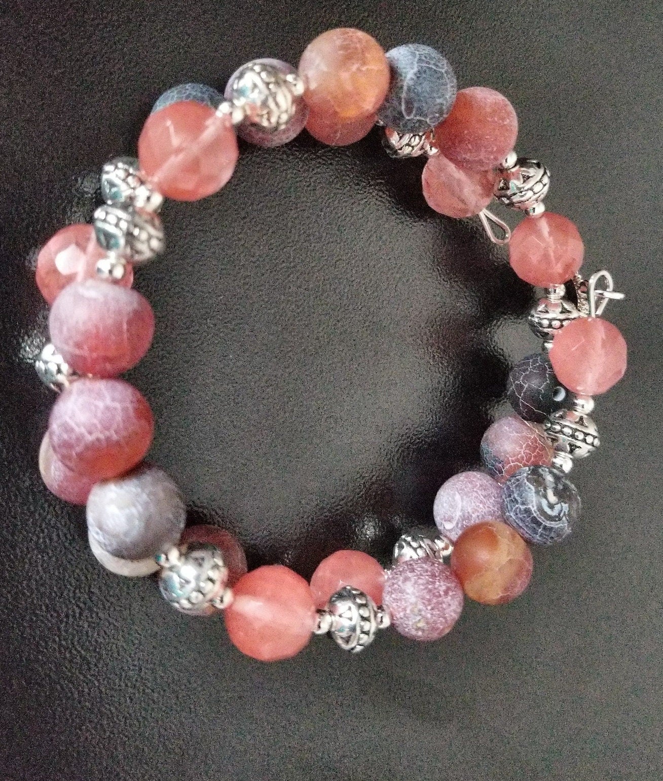 Pink Cherry Quartz Beaded Bracelet: Agate & Silver Bangle