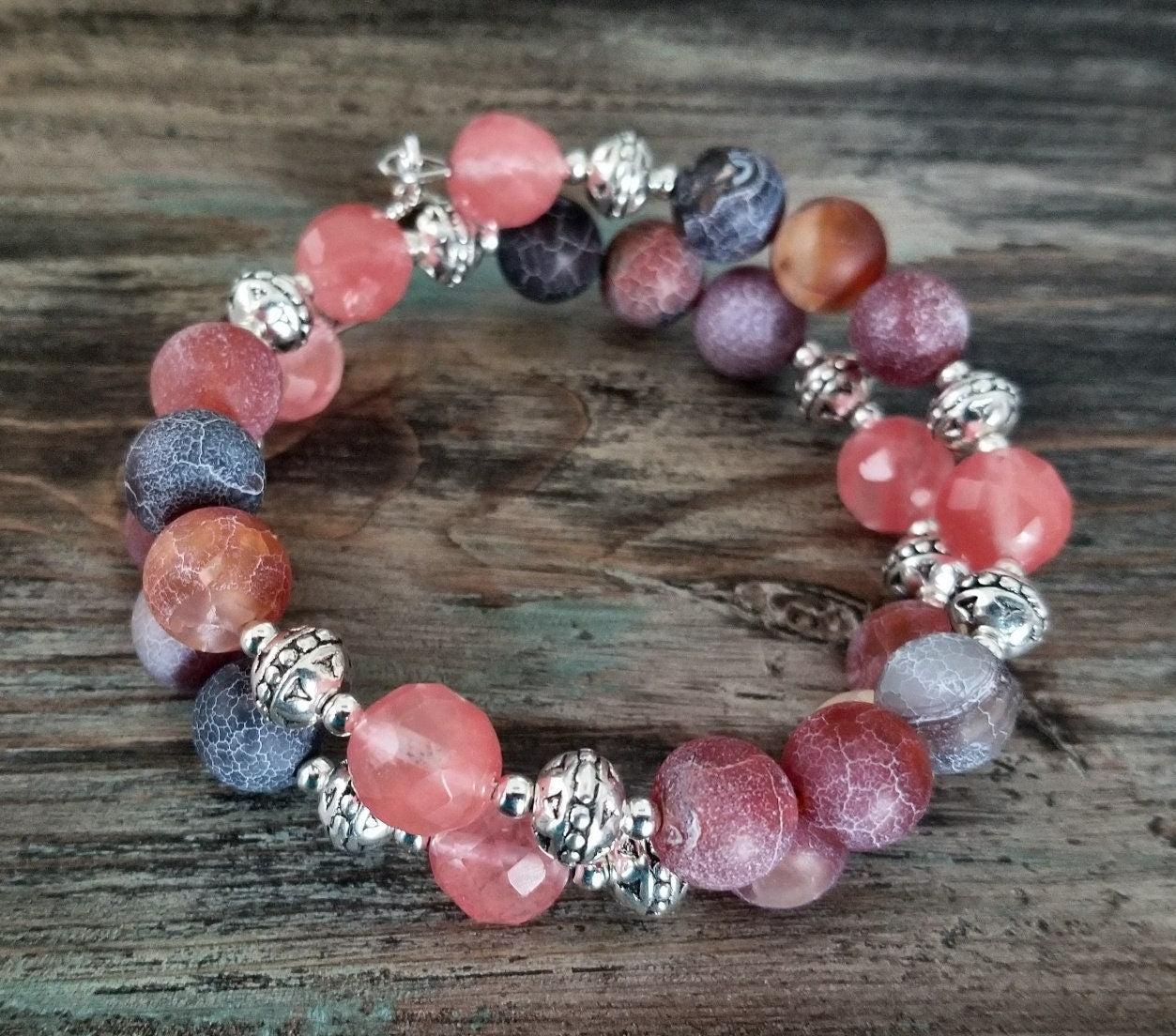 Pink Cherry Quartz Beaded Bracelet: Agate & Silver Bangle