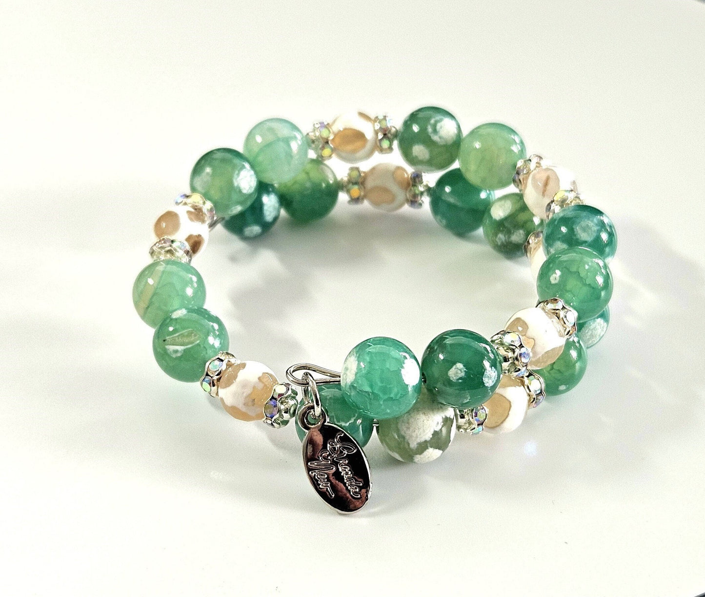 Green Agate Beaded Bracelet: Silver Accents, Memory Wire Wrap