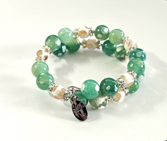 Green Agate Beaded Bracelet: Silver Accents, Memory Wire Wrap