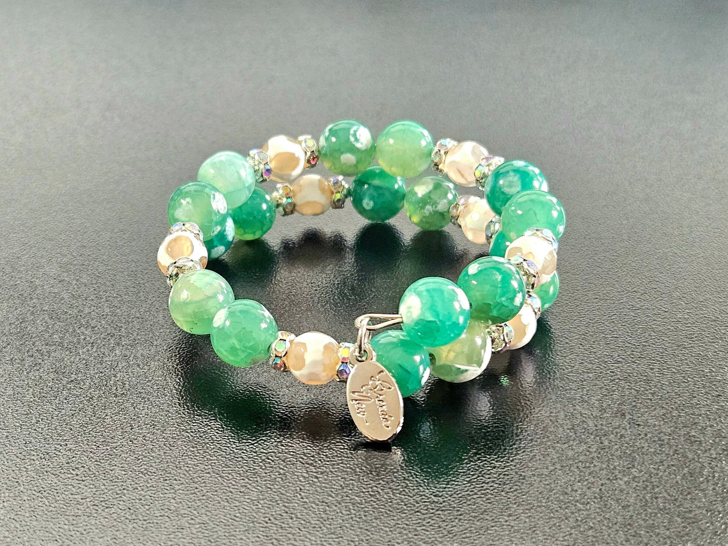 Green Agate Beaded Bracelet: Silver Accents, Memory Wire Wrap