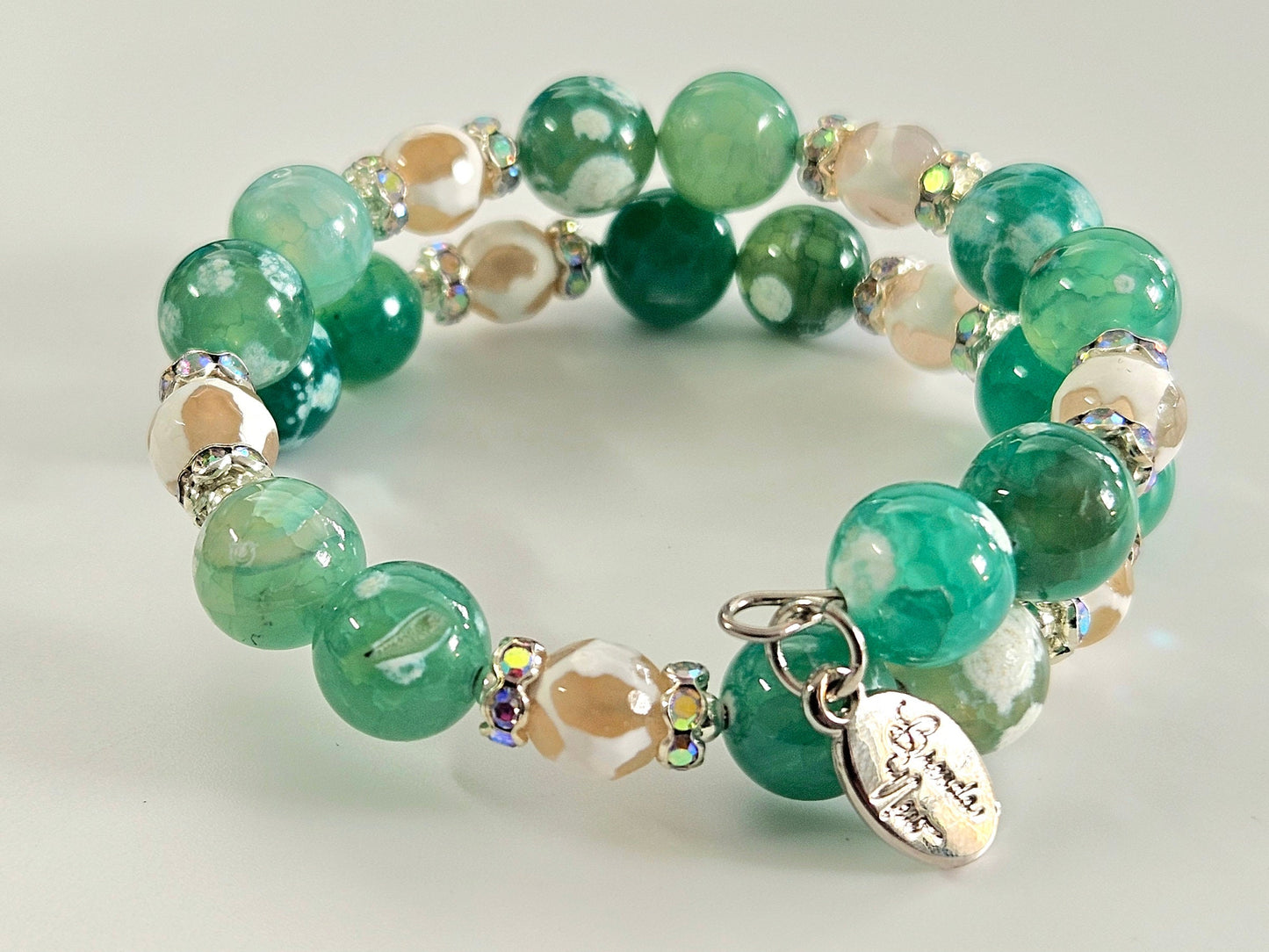 Green Agate Beaded Bracelet: Silver Accents, Memory Wire Wrap