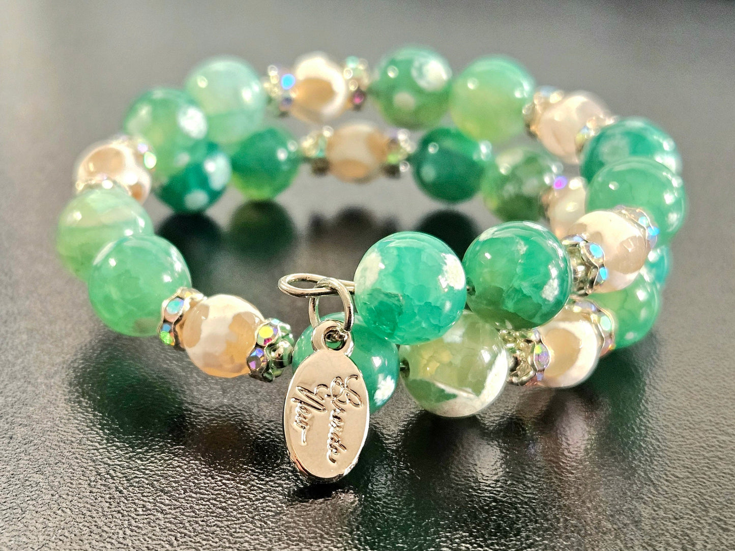 Green Agate Beaded Bracelet: Silver Accents, Memory Wire Wrap