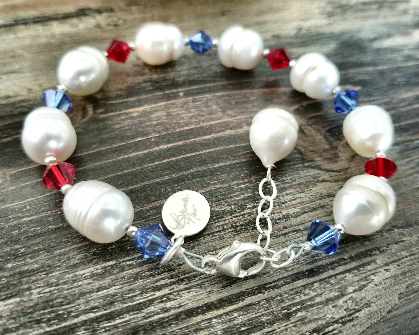 Patriotic Pearl & Crystal Bracelet: Red White Blue Sterling Silver USA