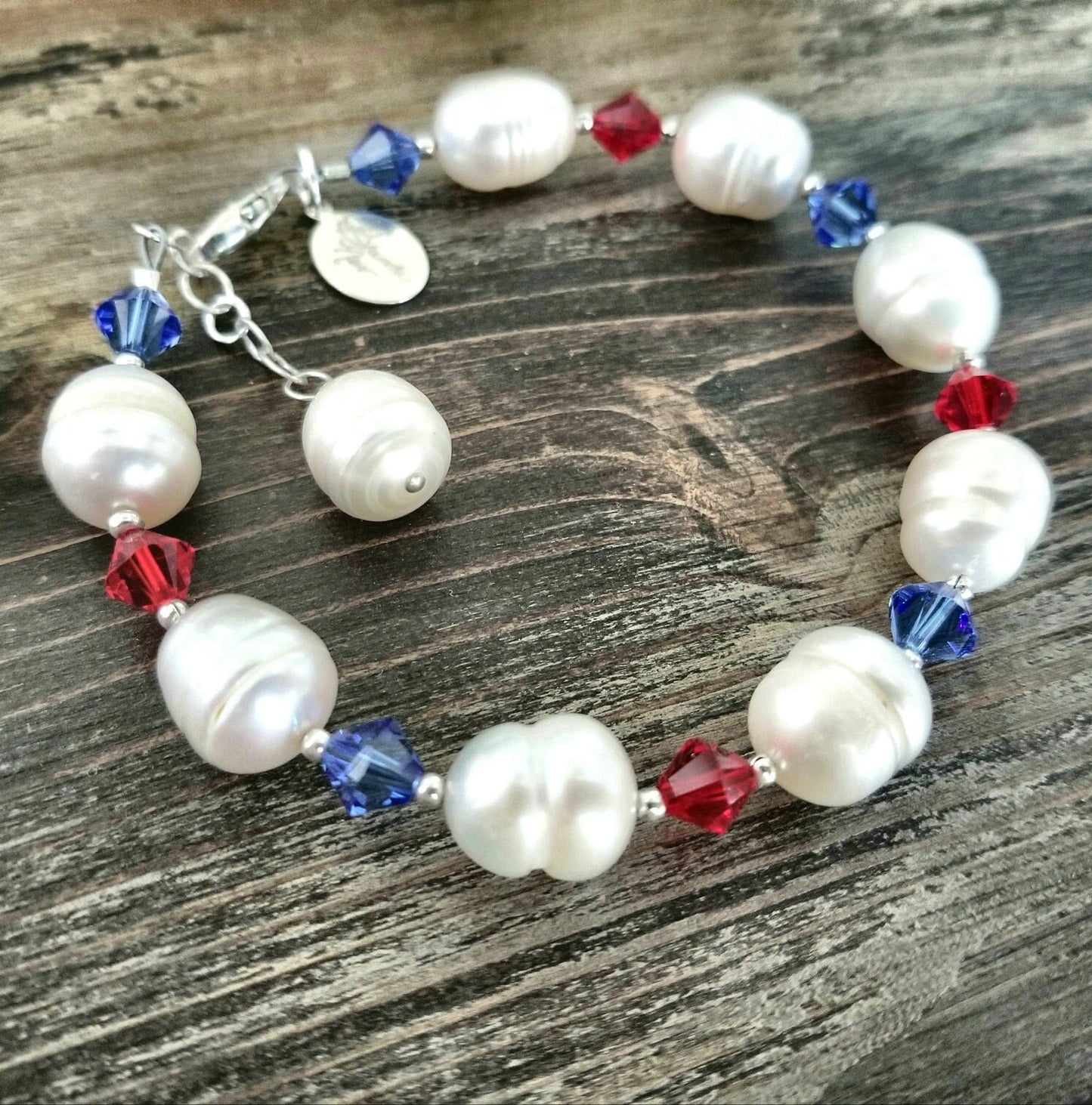 Patriotic Pearl & Crystal Bracelet: Red White Blue Sterling Silver USA